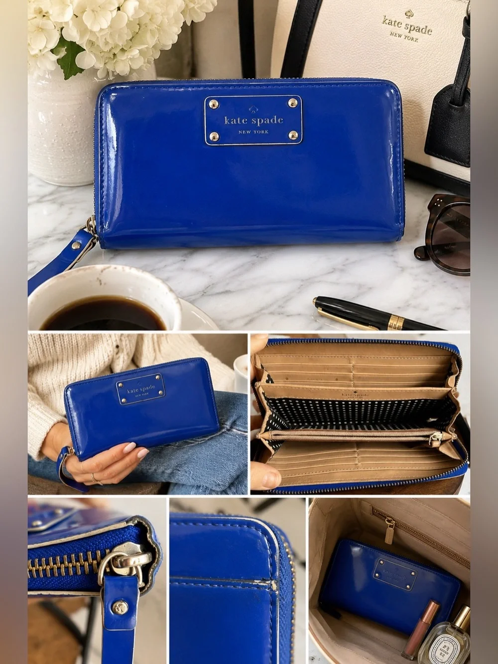 Kate Spade New York Cobalt Blue Patent Leather Zip Around Wallet Wristlet